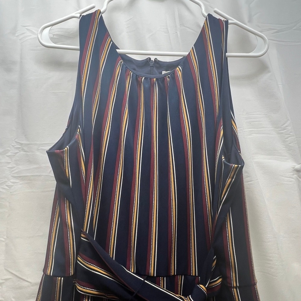 Womens XL Sleeveless Wide Leg Jumpsuit Navy Blue Striped Waist Tie Mod Preppy‎